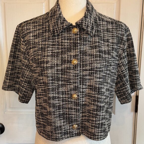 black and white tweed short jacket with gold buttons | size medium - Picture 1 of 5